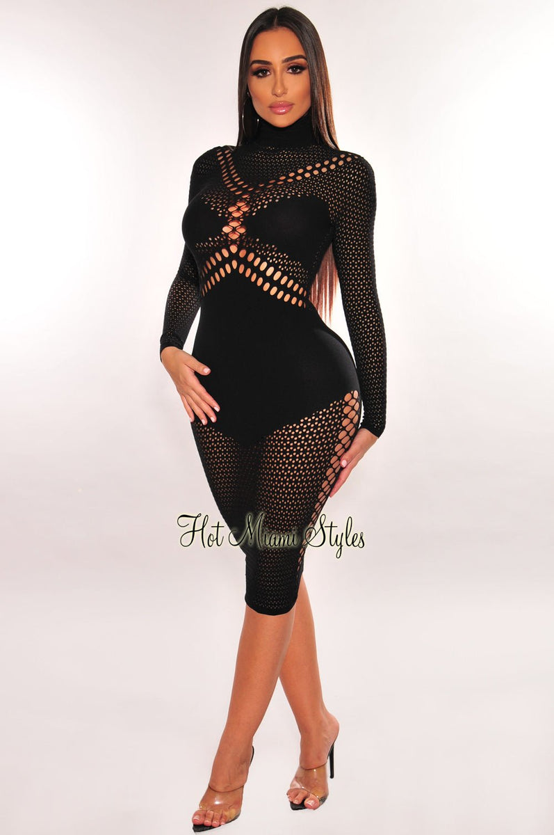 Black Turtleneck Cut Out Long Sleeve Seamless Dress - Hot Miami Styles