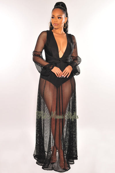 Black V Neck Fishnet Long Sleeve Maxi Dress - Hot Miami Styles