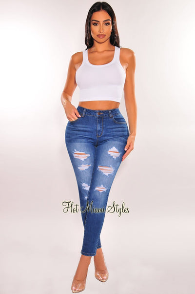 Blue Denim Wash High Waisted Ripped Skinny Jeans - Hot Miami Styles