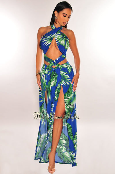 Blue Green Tropical Print Criss Cross Wrap Halter Palazzo Jumpsuit - Hot Miami Styles
