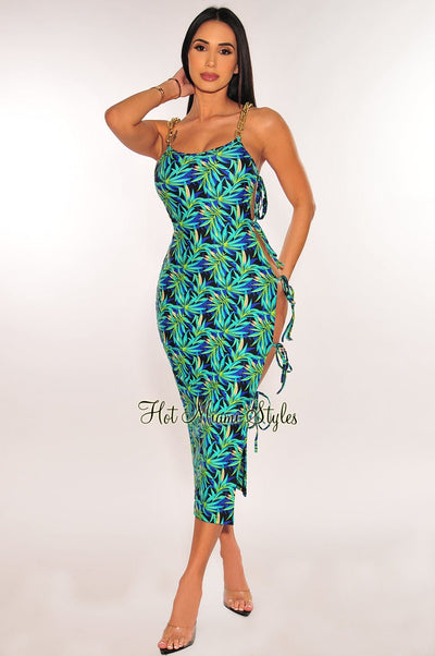 Blue Green Tropical Print Gold Chain Straps Tie Up Sides Dress - Hot Miami Styles