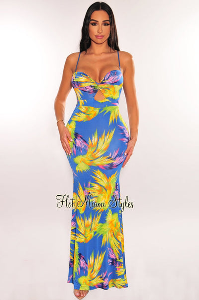 Blue Multicolor Tropical Print Spaghetti Strap Knotted Cut Out Mermaid Dress - Hot Miami Styles