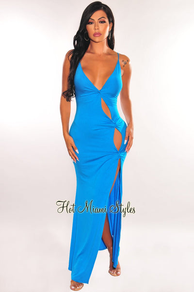 Blue Spaghetti Straps Knotted Cut Out Slit Maxi Dress - Hot Miami Styles