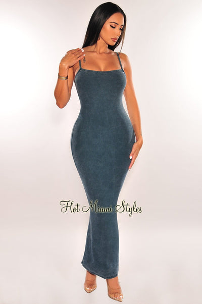 Blue Vintage Wash Ribbed Spaghetti Straps Scoop Back Vent Maxi Dress - Hot Miami Styles