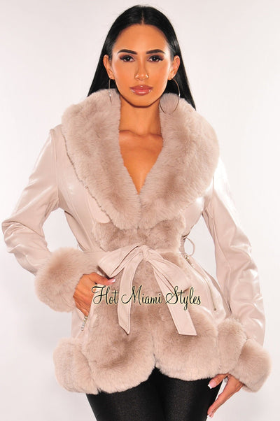 Blush Beige Faux Leather Fur Belted Coat Jacket - Hot Miami Styles