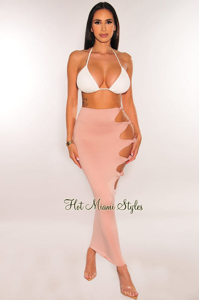 Blush High Waist Cut Out Knotted Slit Skirt - Hot Miami Styles