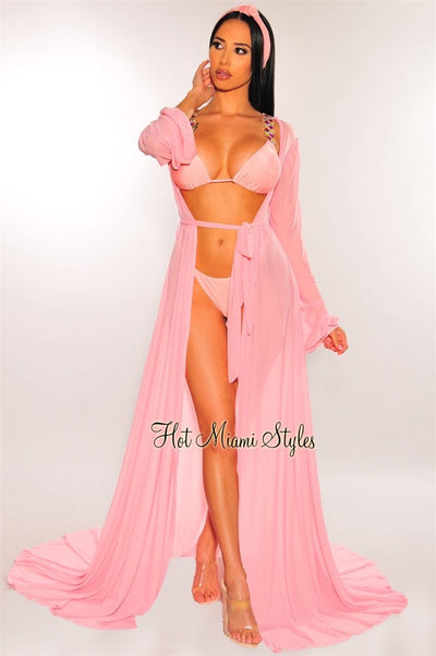 Blush Sheer Mesh Belted Cover Up - Hot Miami Styles