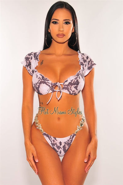 Brown Snake Print Ruffle Jeweled Scrunch Butt Bikini - Hot Miami Styles