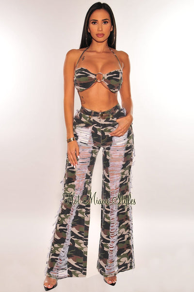 Camo Print Halter Padded Destroyed Jeans Two Piece Set - Hot Miami Styles