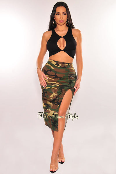 Camo Print High Waist Flap Pocket Vent Slit Skirt - Hot Miami Styles