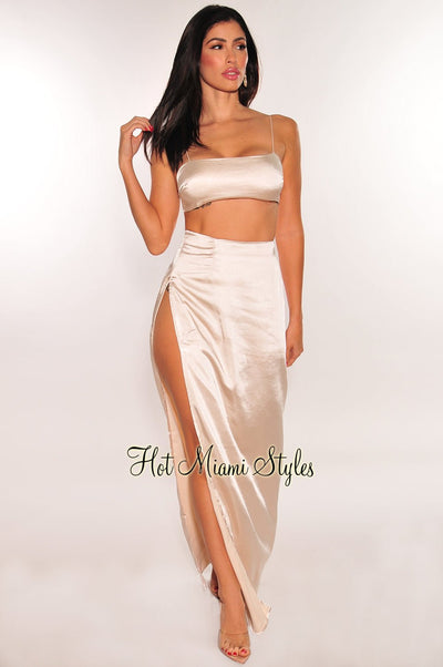 Champagne Elastic Satin Straps Silky Slit Skirt Two Piece Set - Hot Miami Styles