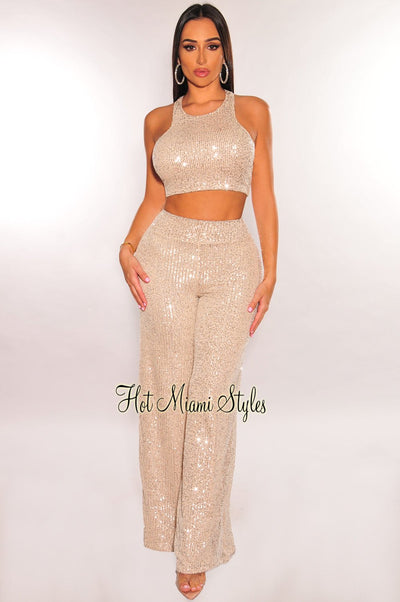 Champagne Sequins Halter Pants Two Piece Set - Hot Miami Styles