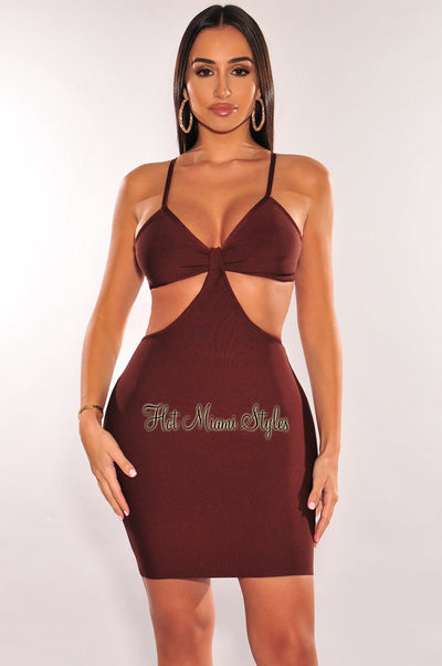 Chocolate Bandage Spaghetti Straps Knotted Cut Out Mini Dress - Hot Miami Styles