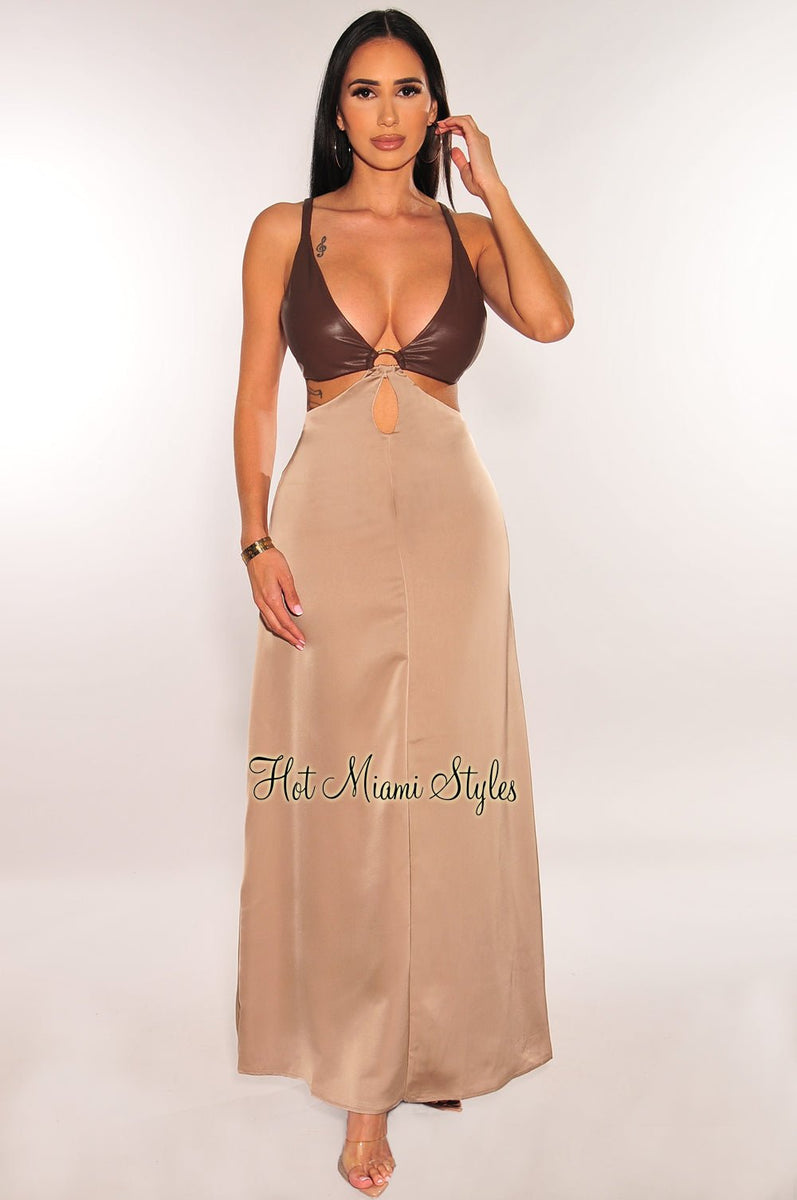 knee length dresses for ladies Chestnut Drop Waist Maxi Dress Brown