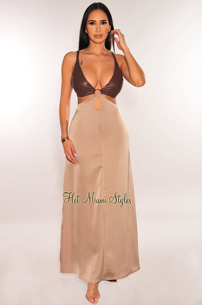 Chocolate Faux Leather Latte Silk Sleeveless O-Ring Cut Out Maxi Dress - Hot Miami Styles