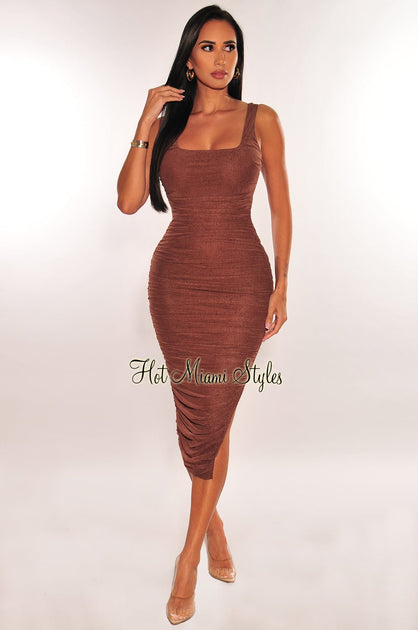 Sexy Brown Midi Dress - Ruched Glitter Dress - Slit Midi Dress