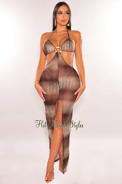 Chocolate Mocha Ribbed Halter O-Ring Cut Out Cover Up Slit Dress - Hot Miami Styles