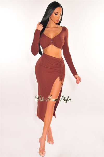 Chocolate Ribbed Knit Long Sleeve Ruched Slit Skirt Two Piece Set - Hot Miami Styles