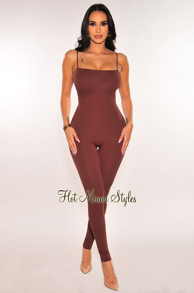 Chocolate Spaghetti Straps Cut Out Back Jumpsuit - Hot Miami Styles