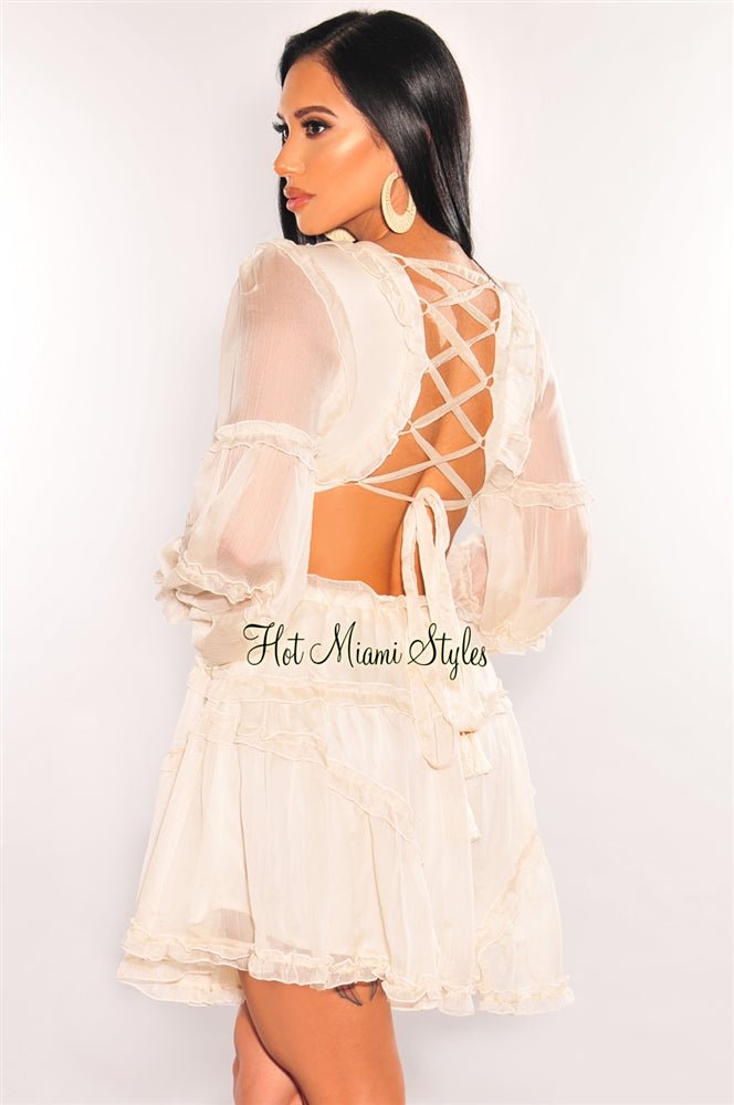 Cream Ruffle Cut Out Lace Up Long Sleeves Dress – Hot Miami Styles