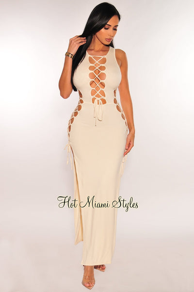 Cream Sleeveless Lace Up Sides Double Slit Maxi Dress - Hot Miami Styles