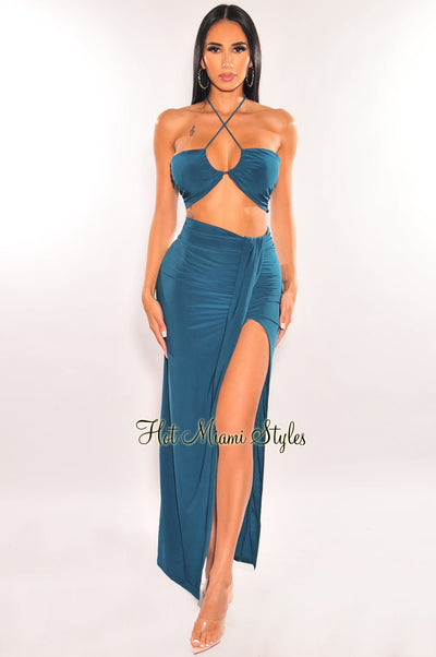 Deep Green Halter Keyhole Knotted Slit Skirt Two Piece Set - Hot Miami Styles
