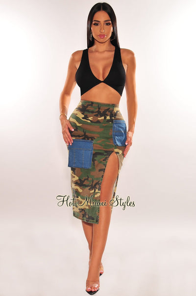 Denim Camo Print Cargo High Waist Slit Pencil Skirt - Hot Miami Styles