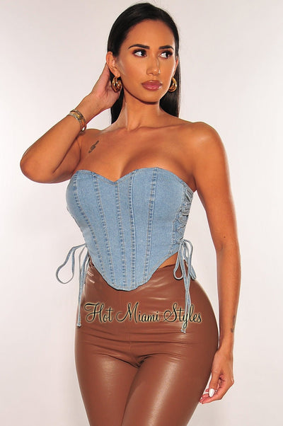 Denim Strapless Boned Lace Up Sides Bustier Crop Top - Hot Miami Styles