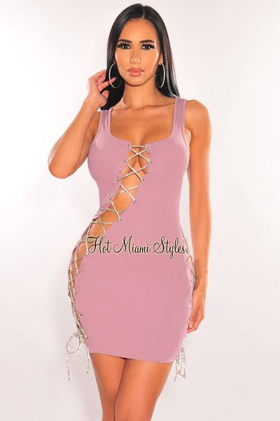 Dusty Lavender Silver Studded Lace Up Sleeveless Dress - Hot Miami Styles