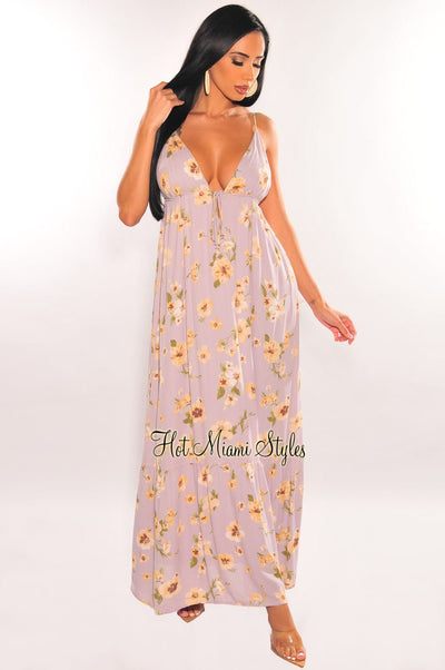 Dusty Lilac Floral Print Spaghetti Straps V Neck Maxi Dress - Hot Miami Styles