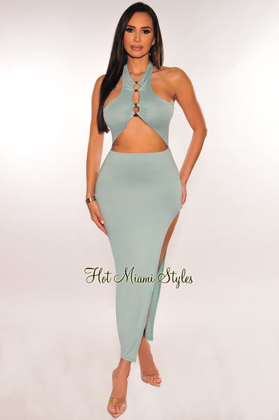 Dusty Mint Halter O-Ring Cut Out Slit Dress - Hot Miami Styles