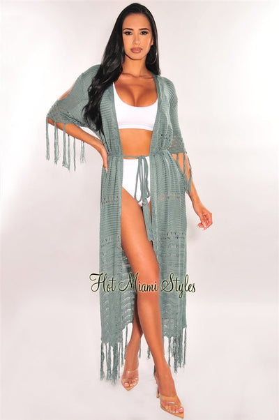 Dusty Sage Crochet Fringe Belted Maxi Cover Up - Hot Miami Styles