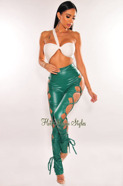 Emerald Faux Leather High Waist Lace Up Sides Pants - Hot Miami Styles