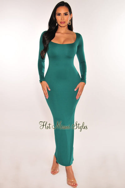 Emerald Green Round Neck Long Sleeve Maxi Dress - Hot Miami Styles