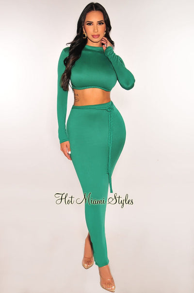 Emerald Long Sleeve Mock Neck Braided Belt Vent Slit Skirt Two Piece Set - Hot Miami Styles