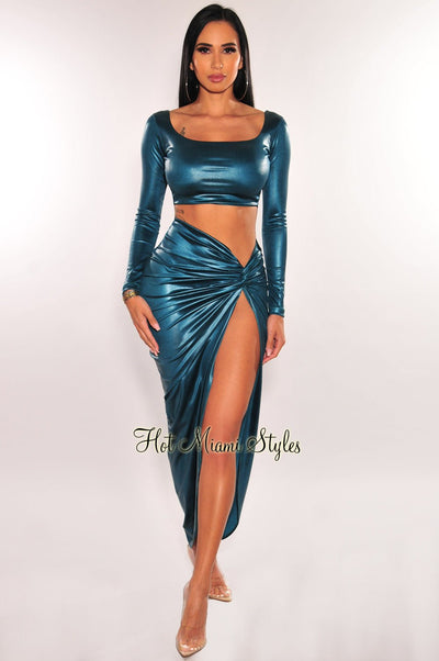 Emerald Satin Faux Leather Long Sleeve Knotted Slit Skirt Two Piece Set - Hot Miami Styles