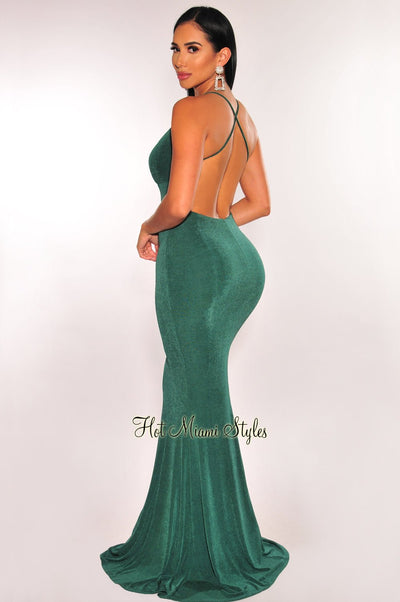 Emerald Shimmery Spaghetti Strap V Neck Crisscross Back Mermaid Gown - Hot Miami Styles