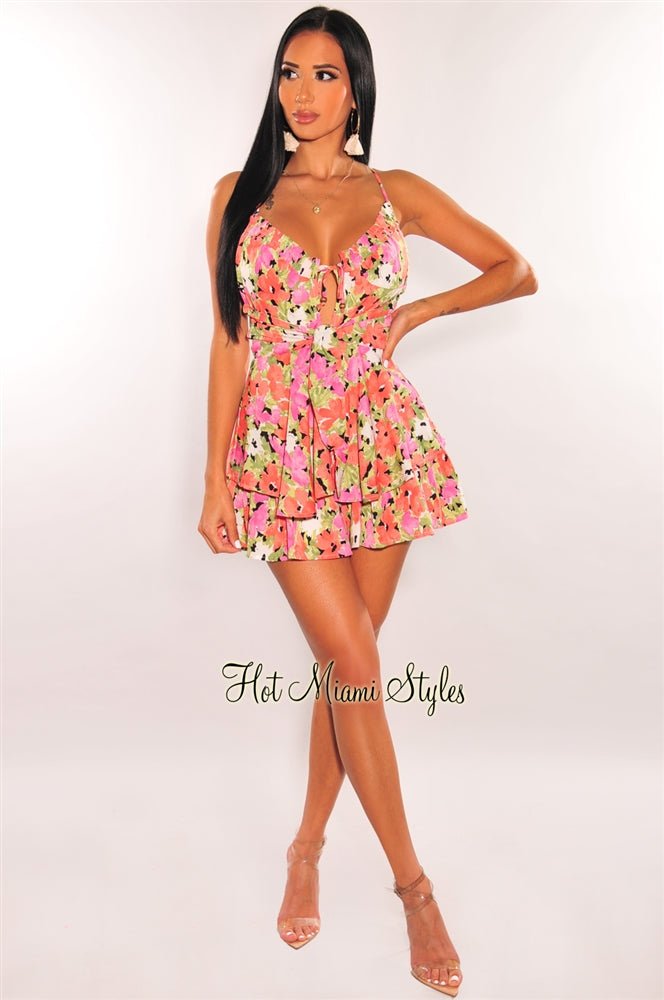 Floral Print CrissCross Back Tie Up Ruffle Romper - Hot Miami Styles