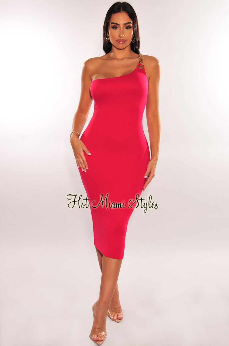Fuchsia Gold Chain One Shoulder Sleeveless Dress Hot Miami Styles