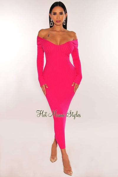 Fuchsia Ribbed Knit Long Sleeves Dress - Hot Miami Styles