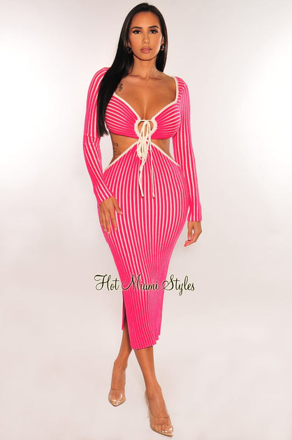 hot miami styles pink dress HMS Essential: Neon Pink Square Neck Sleeveless Perfect Fit Midi Dress Small