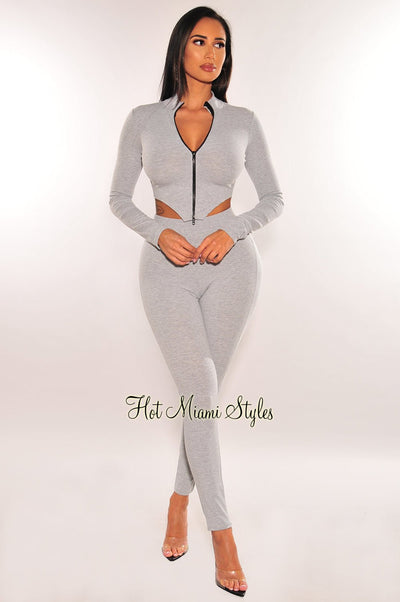 Gray Ribbed Knit Zipper Long Sleeve Pants Two Piece Set - Hot Miami Styles