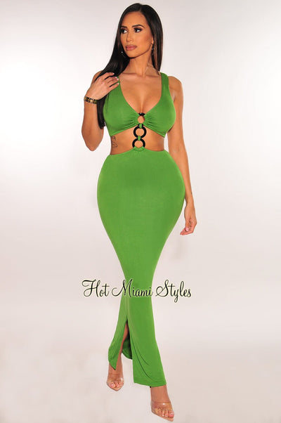 Green Black O-Ring Sleeveless Cut Out Double Slit Dress - Hot Miami Styles