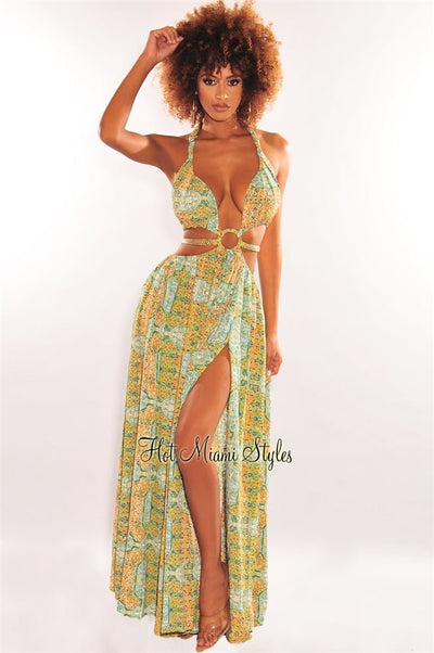 Green Print O-Ring Cut Out Gold Belted Double Slit Maxi Dress - Hot Miami Styles