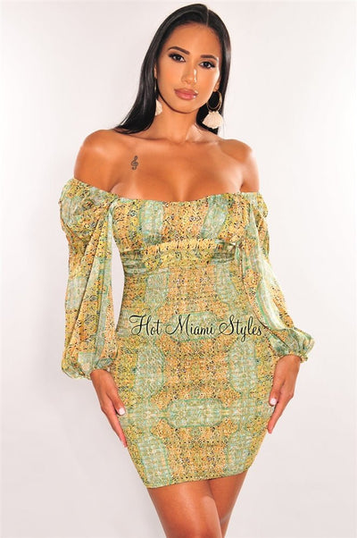 Green Print Off Shoulder Long Sleeve Smocked Dress - Hot Miami Styles