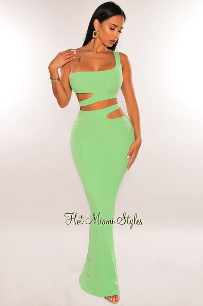 Green Ribbed One Shoulder Cut Out Maxi Skirt Two Piece Set - Hot Miami Styles