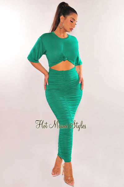 Green Short Sleeve Cut Out Ruched Maxi Dress - Hot Miami Styles