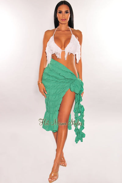 Green Smocked Tie Up Ruffle Skirt Cover Up - Hot Miami Styles