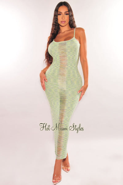 Green Space Dye Ribbed Knit Spaghetti Straps Ladder Cut Dress - Hot Miami Styles