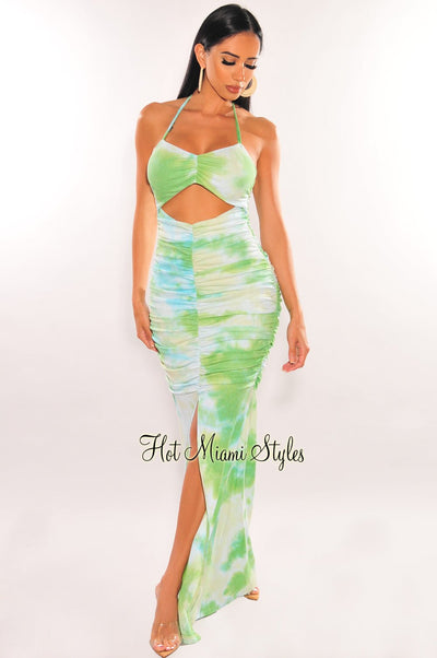 Green Tie Dye Halter Cut Out Ruched Slit Maxi Dress - Hot Miami Styles